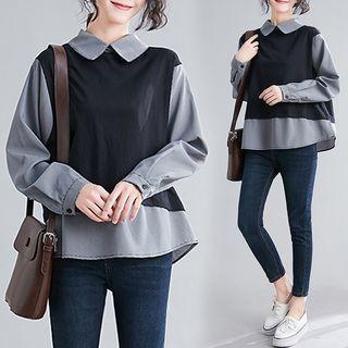 Mock Two-piece Balloon-sleeve Plaid Blouse