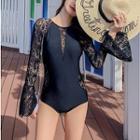 Bell-sleeve Lace Open-back Swimsuit