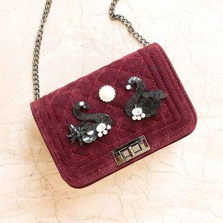 Embellished Swan Quilted Chain Strap Crossbody Bag
