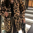 Leopard Print Fleece Snap-button Jacket Leopard - Khaki & Black - One Size