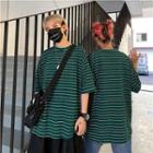 Couple Matching Striped Elbow-sleeve T-shirt Green - One Size