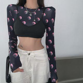 Set: Long-sleeve Printed Mesh Top + Cropped Camisole Top As Shown In Figure - One Size