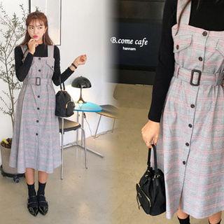 Sleeveless Button-detail Checked Dress With Belt