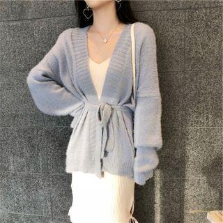 Set: Sashed Cardigan + Sleeveless Midi Sheath Knit Dress Cardigan - Light Blue - One Size / Dress - White - One Size