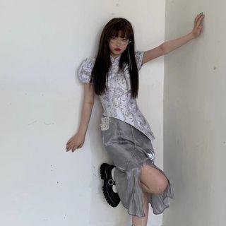 Set - Puff-sleeve Qipao Top + Print Midi Skirt