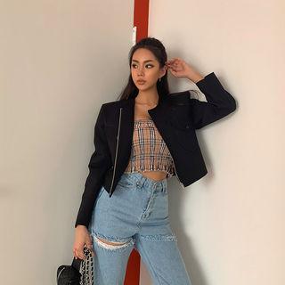 Round-neck Zip-up Cropped Jacket