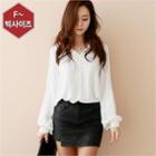 Open-placket Pleated-sleeve Blouse Ivory - One Size