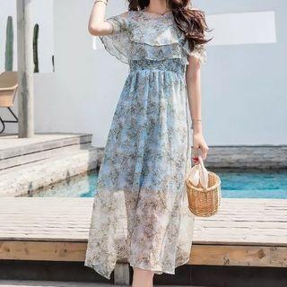 Short-sleeve Print Cold-shoulder Midi Dress