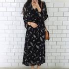 Feather Print Long-sleeve Midi Chiffon Dress