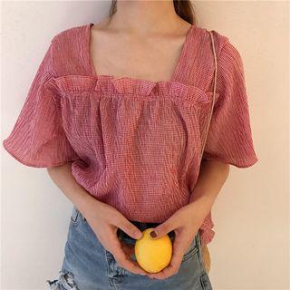 Square Neck Ruffle Elbow Sleeve Plaid Blouse
