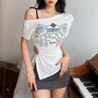 Short-sleeve Cold-shoulder Rose Print T-shirt