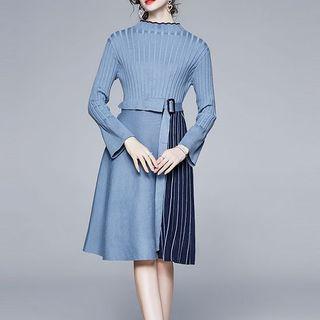 Striped Panel Long-sleeve Knit A-line Dress