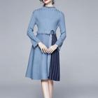 Striped Panel Long-sleeve Knit A-line Dress