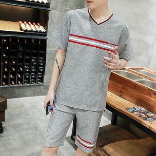Set: Stripe Short-sleeve V-neck T-shirt + Shorts