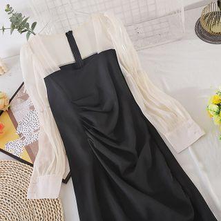 Square-neck Color Panel Chiffon Long-sleeve Dress