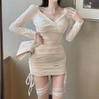 Long-sleeve Off-shoulder Twist-front Drawstring Mini Bodycon Dress