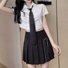 Crop Shirt With Tie / Pleated Mini A-line Skirt / Set
