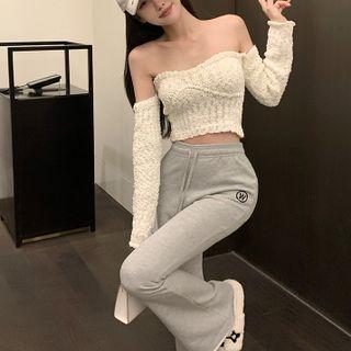 Long-sleeve Off-shoulder Knit Crop Top / Sweatpants