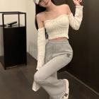 Long-sleeve Off-shoulder Knit Crop Top / Sweatpants