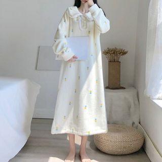 Long-sleeve Collared Fleece Midi Sleep Dress White - One Size