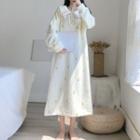 Long-sleeve Collared Fleece Midi Sleep Dress White - One Size