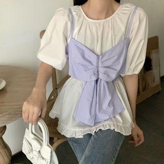 Set: Short-sleeve Plain Blouse + Bow Accent Cropped Camisole Top