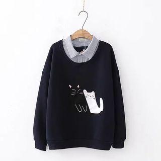 Mock Two-piece Cat Applique Pullover