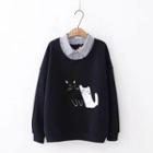 Mock Two-piece Cat Applique Pullover