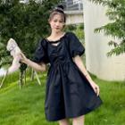 Puff-sleeve Ruffle Mini A-line Dress Black - One Size