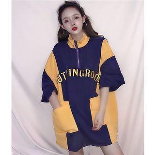 Letter Embroidered Color Panel 3/4 Sleeve Polo Shirt