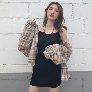 Plaid Shirt / Spaghetti Strap Mini Knit Dress