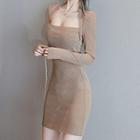 Plain Square-neck Slim-fit Long-sleeve Dress