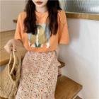 Short-sleeve Print T-shirt / Floral Print Midi A-line Skirt