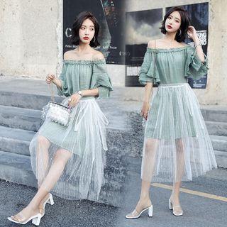 Set: Off-shoulder Mini Dress + Midi Mesh Skirt
