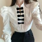 Long-sleeve Mock-neck Bow Accent Lace Top White - One Size