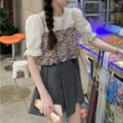 Bell-sleeve Blouse / Floral Print Camisole Top / Mini A-line Skirt
