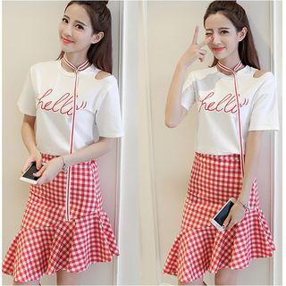 Set: Short-sleeve Lettering T-shirt + Ruffle A-line Skirt