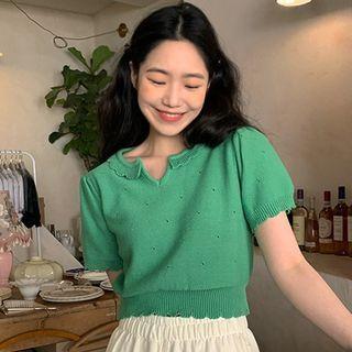 Short-sleeve Scalloped Edge Knit Crop Top