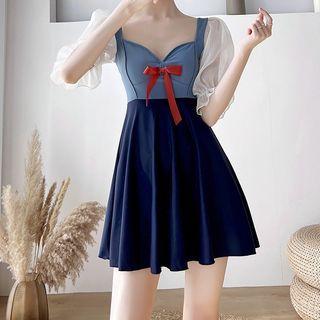 Short-sleeve Ribbon A-line Swim Dress