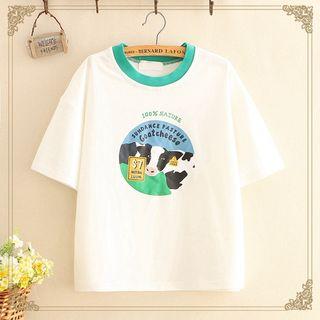 Elbow-sleeve Cow Print T-shirt