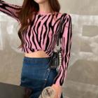 Zebra Print Long-sleeve Slim-fit Knit Top