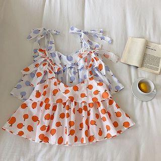 Picture Print Lace-up Ruffled-trim Strap Top