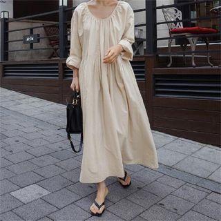 Long-sleeve Plain Midi Smock Dress