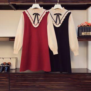 Two-tone Ruffled Mini A-line Knit Dress