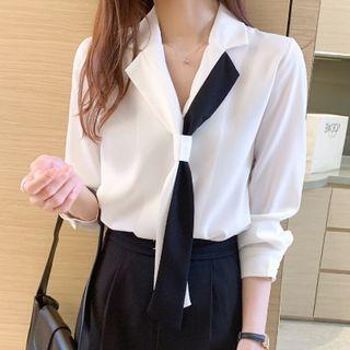 Long-sleeve Two Tone V-neck Blouse