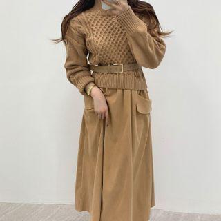 Mock Two-piece Puff-sleeve Knit Panel Dress