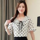 Dotted Lace Up Elbow-sleeve Chiffon Blouse