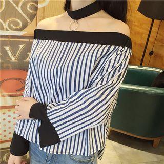 Off-shoulder Panel Sleeve Striped Top