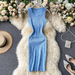 Sleeveless Embellished Midi Sheath Knit Dress