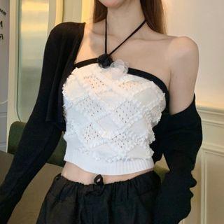 Halter Neck Flower Applique Camisole Top / Cardigan / Set